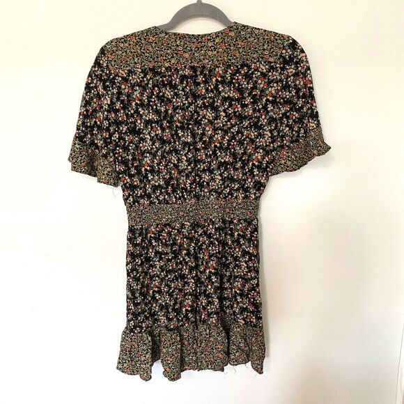Zara Peasant Boho Black Multi Floral Tiered Ruffle Mini Sundress Tie Front Small - Picture 6 of 12